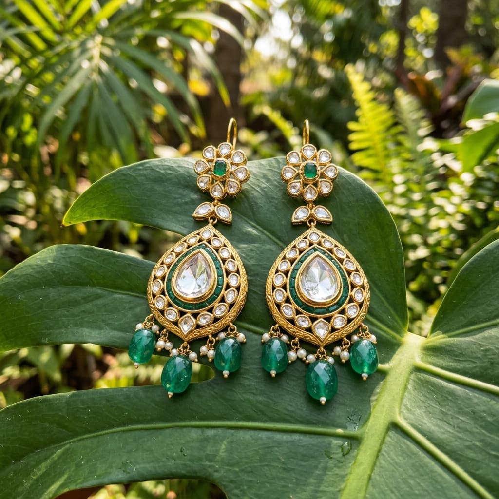 Kundan polki drop earrings with emerald beads on green leaf