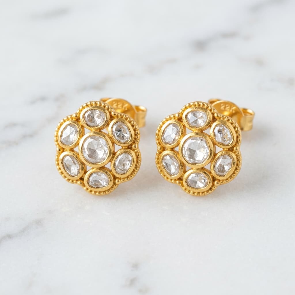 Polki cluster stud earrings in yellow gold