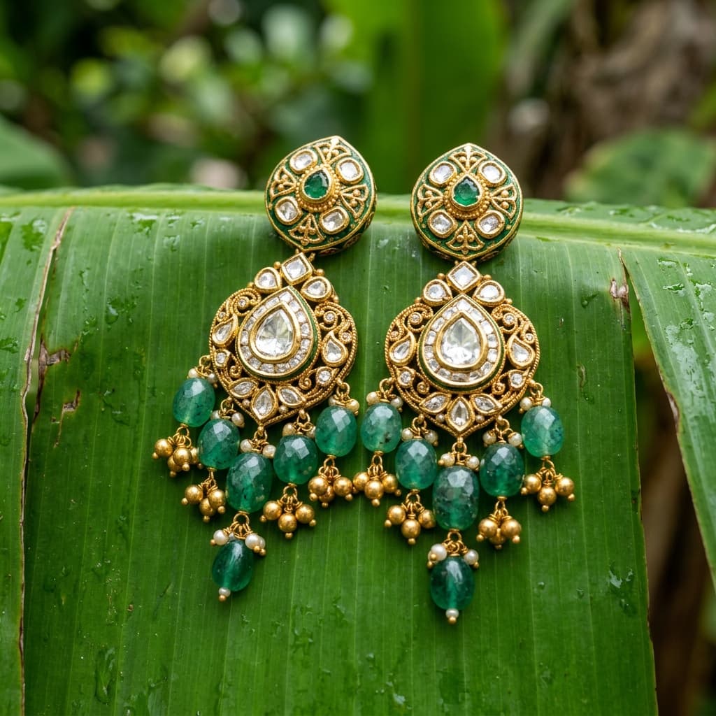 Polki oval drop earrings with gold detailing
