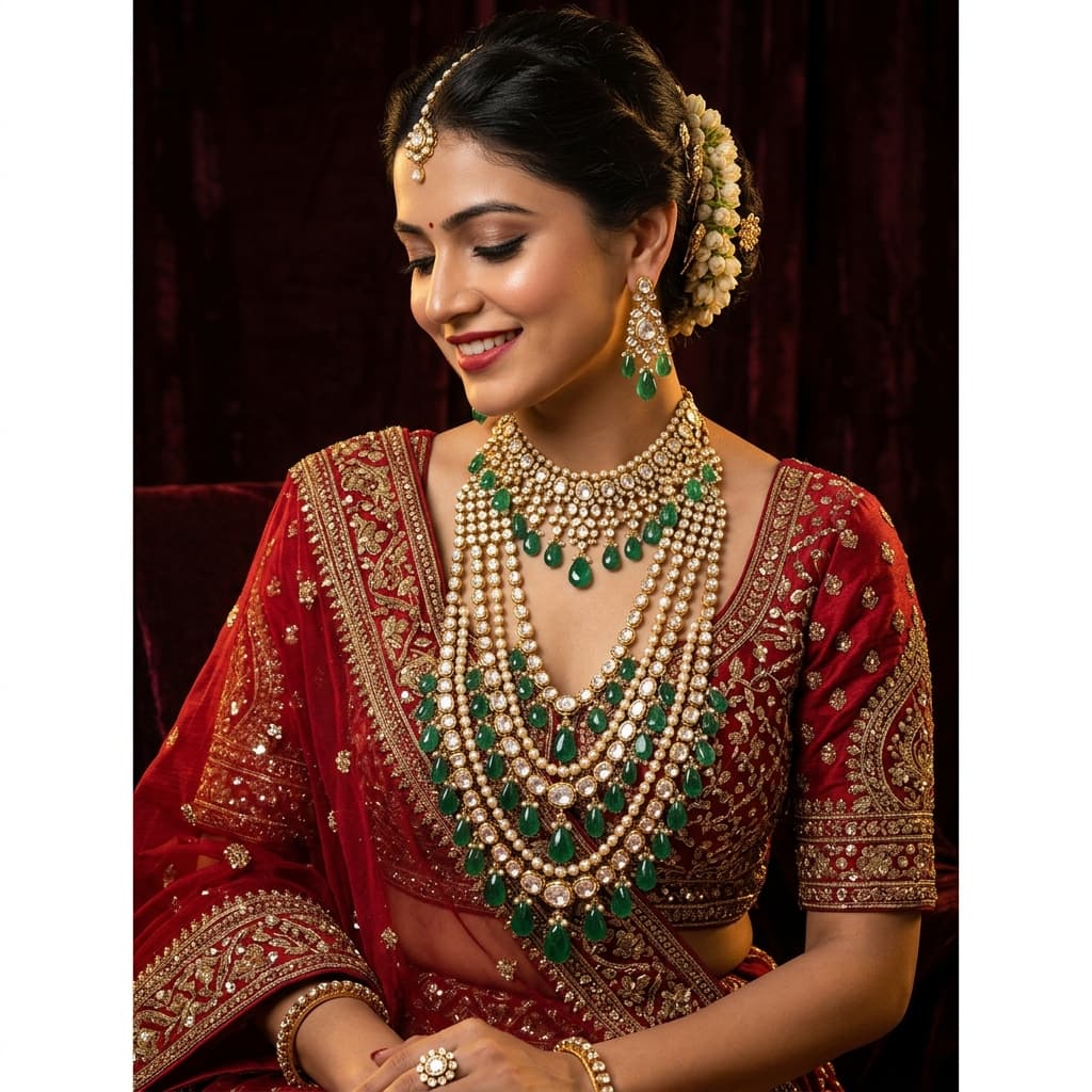 Woman wearing layered polki diamond necklace with emerald drops and matching earrings