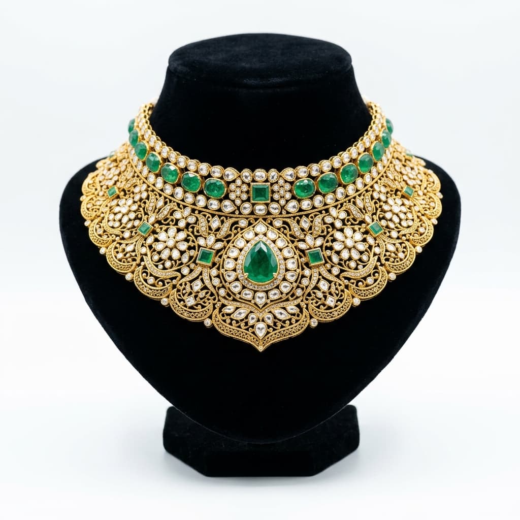 Close-up of polki diamond collar necklace in gold