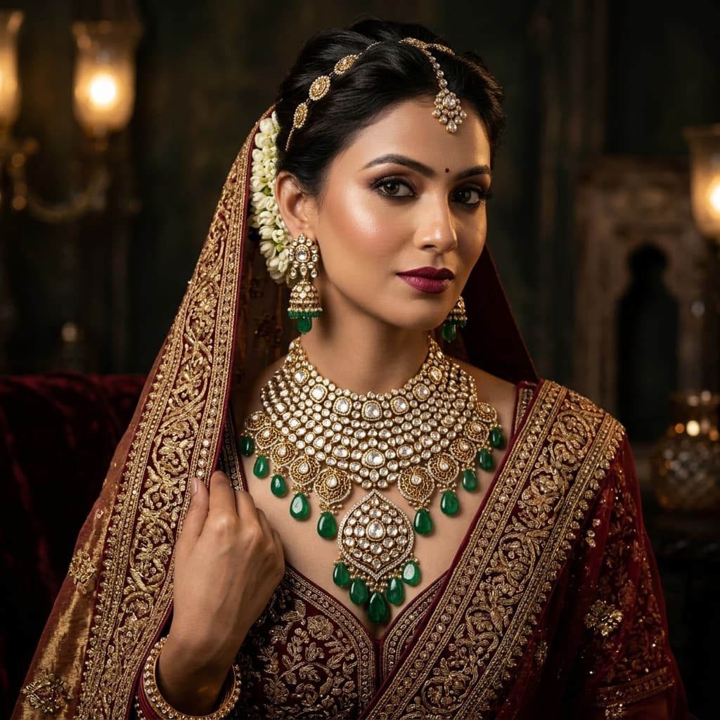 Woman wearing polki diamond ring and bangle set on red silk background