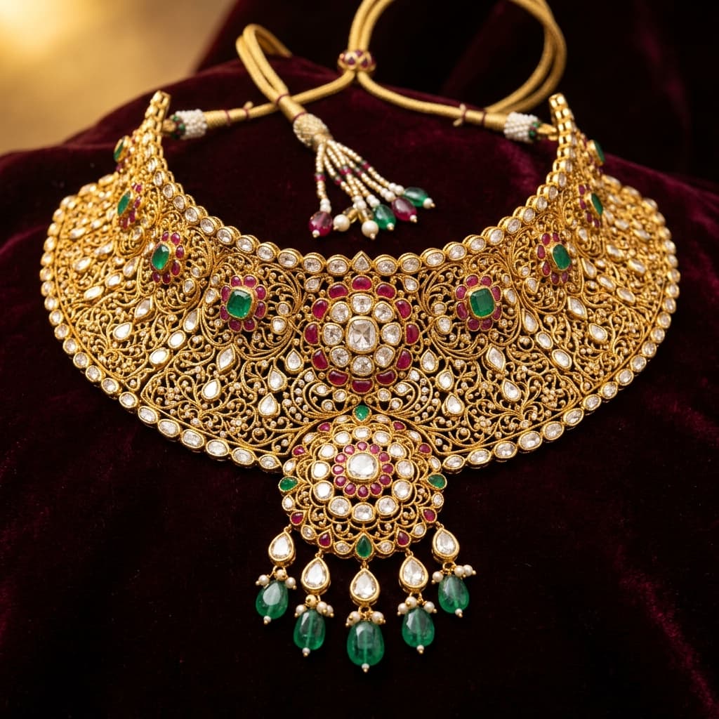 Gold bangle with polki diamonds on sandy stone background